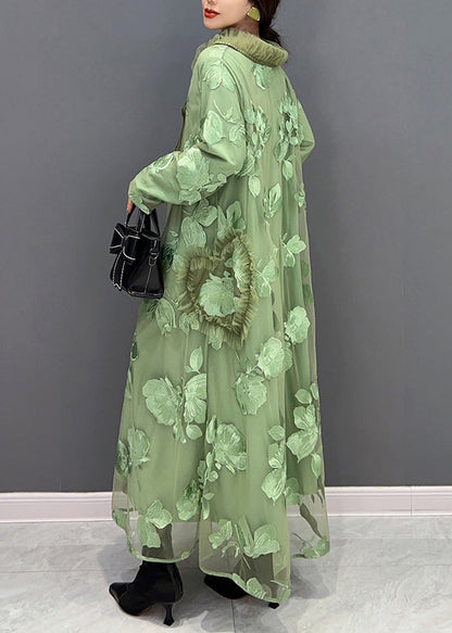 Green Peter Pan Collar Embroideried Patchwork Tulle Long Dresses Long Sleeve