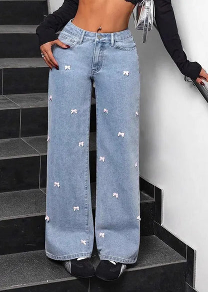 Blue Pockets Bow Wide Leg Jeans Fall