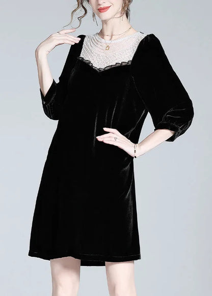 Fine Black O-neck Lace Patchwork Velour Mid Dress Spring