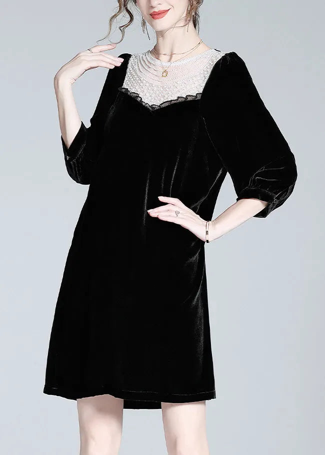 Fine Black O-neck Lace Patchwork Velour Mid Dress Spring