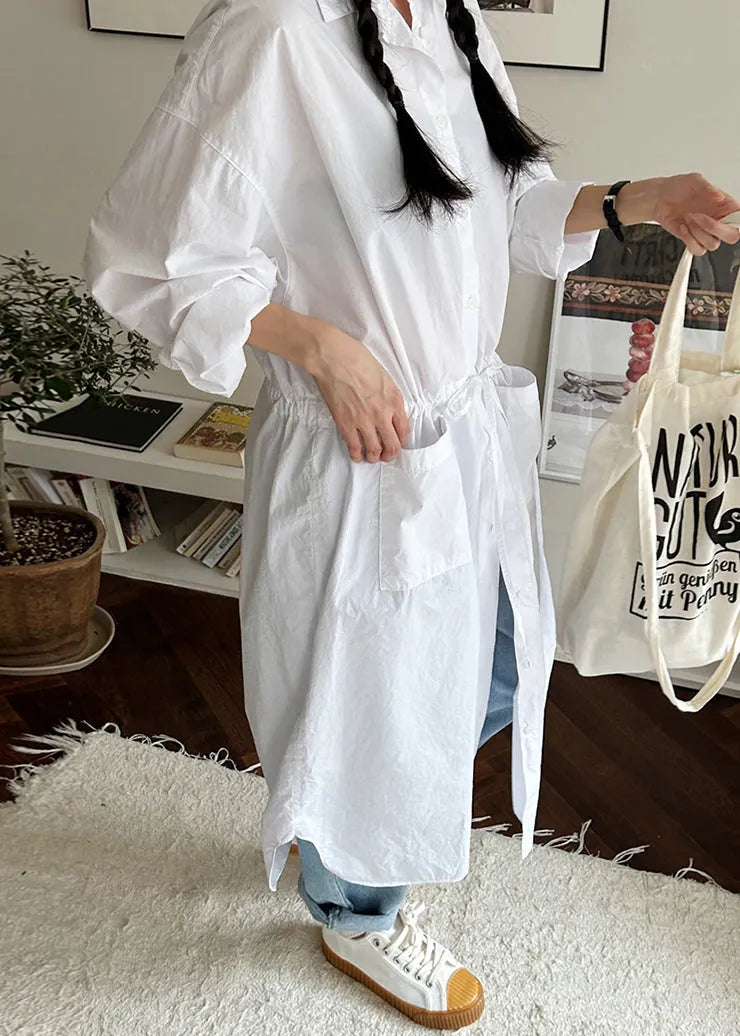 Loose White Pockets Cinched Cotton Shirts Dresses Fall