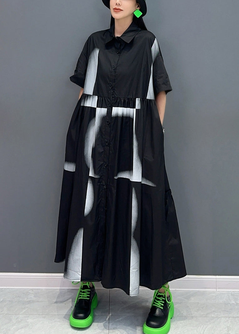 Black Peter Pan Collar Patchwork Long Shirts Dresses Summer