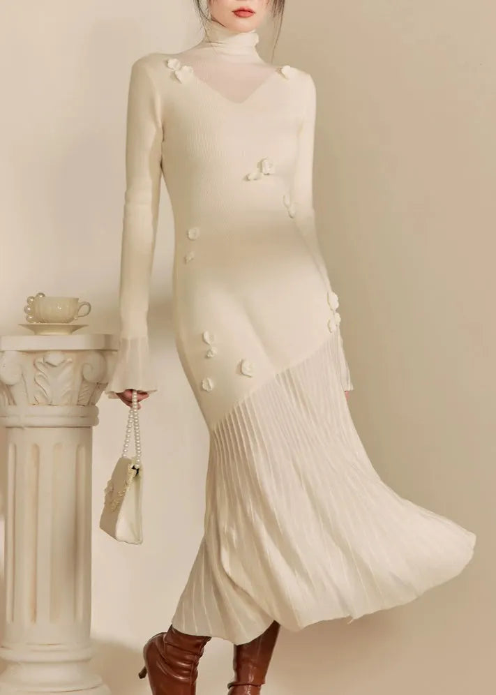 White Hign Neck Patchwork Slim Fit Knit Sweater Dress Fall