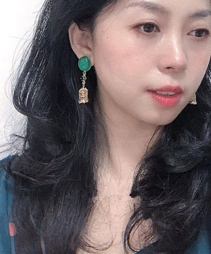Green Sterling Silver Overgild Hollow Out Birdcage Drop Earrings