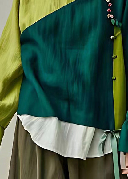 Green O-neck Patchwork Bow Shirt Flare Sleeve