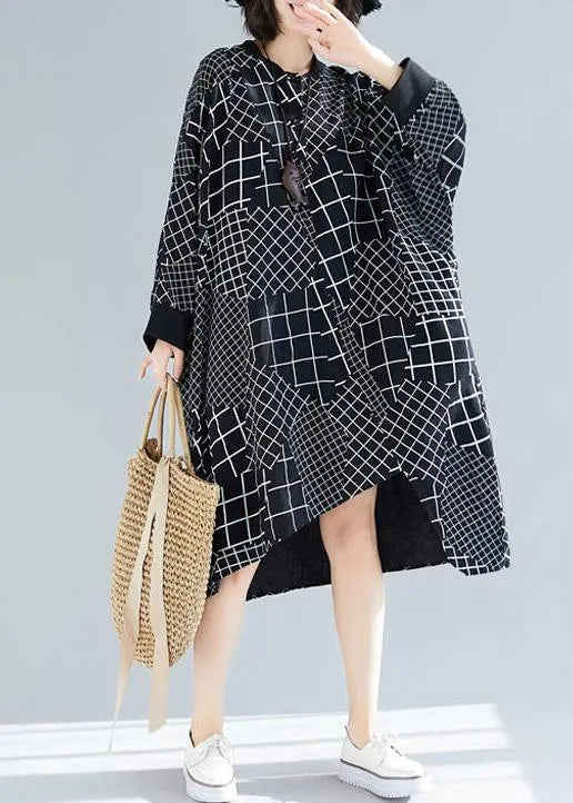 Vivid Black Plaid Quilting Dresses O Neck Asymmetric Robe Spring Dress