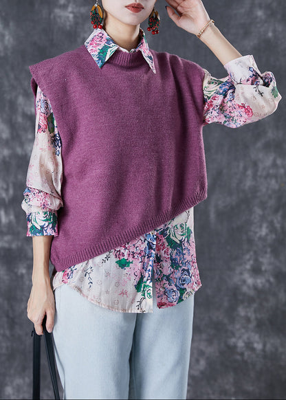 Modern Asymmetrical Print Knit Vest and Shirts Two-piece Set Fall
