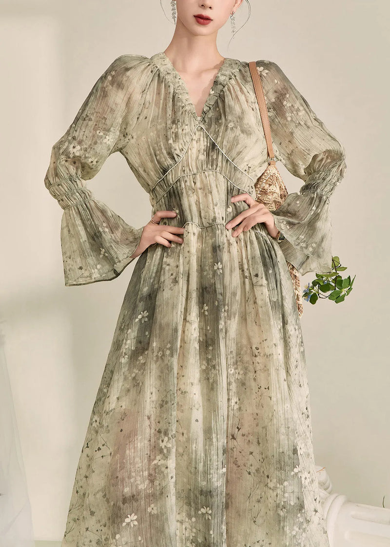 Fine Green V Neck Ruffled Tunic Chiffon Maxi Dress Lantern Sleeve