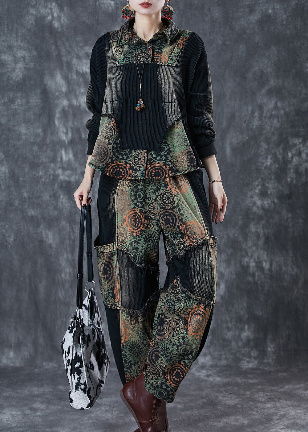 Black Tie Dye Patchwork Print Denim Two Pieces Set Fall