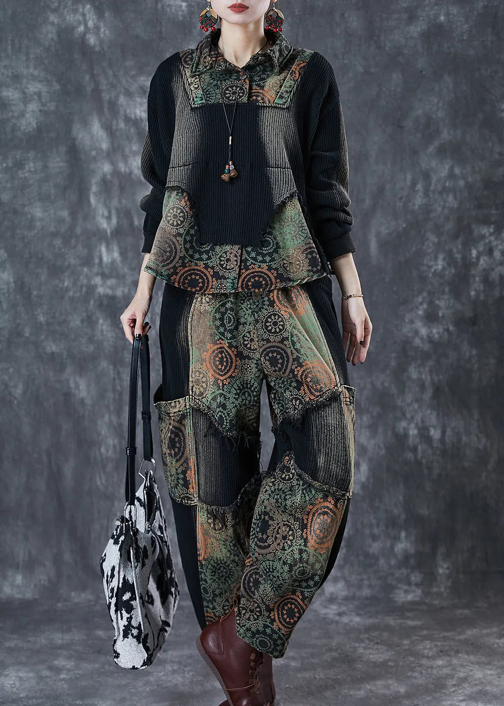 Black Tie Dye Patchwork Print Denim Two Pieces Set Fall