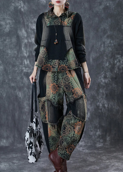 Black Tie Dye Patchwork Print Denim Two Pieces Set Fall