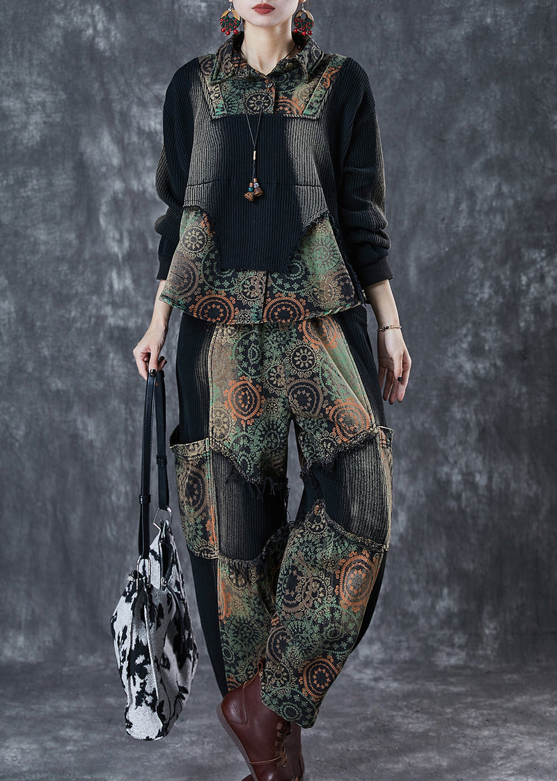 Black Tie Dye Patchwork Print Denim Two Pieces Set Fall