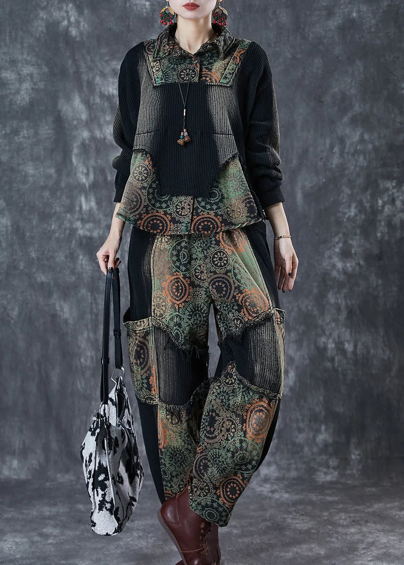 Black Tie Dye Patchwork Print Denim Two Pieces Set Fall