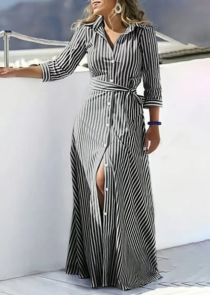 Loose Black Striped Button Tie Waist Cotton Blouses Dresses Bracelet Sleeve Spring