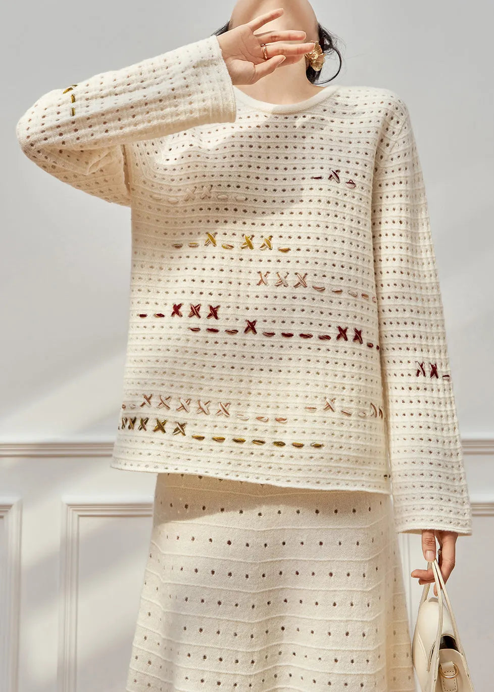 French Beige Hollow Out Sweaters and Skirts Knit Two Pieces Set Fall