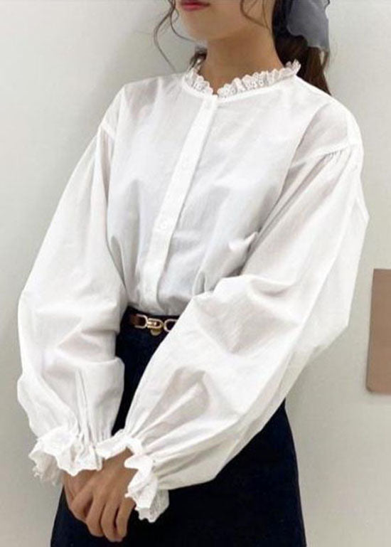 White Lace Ruffled Patchwork Cotton Shirt Top Spring