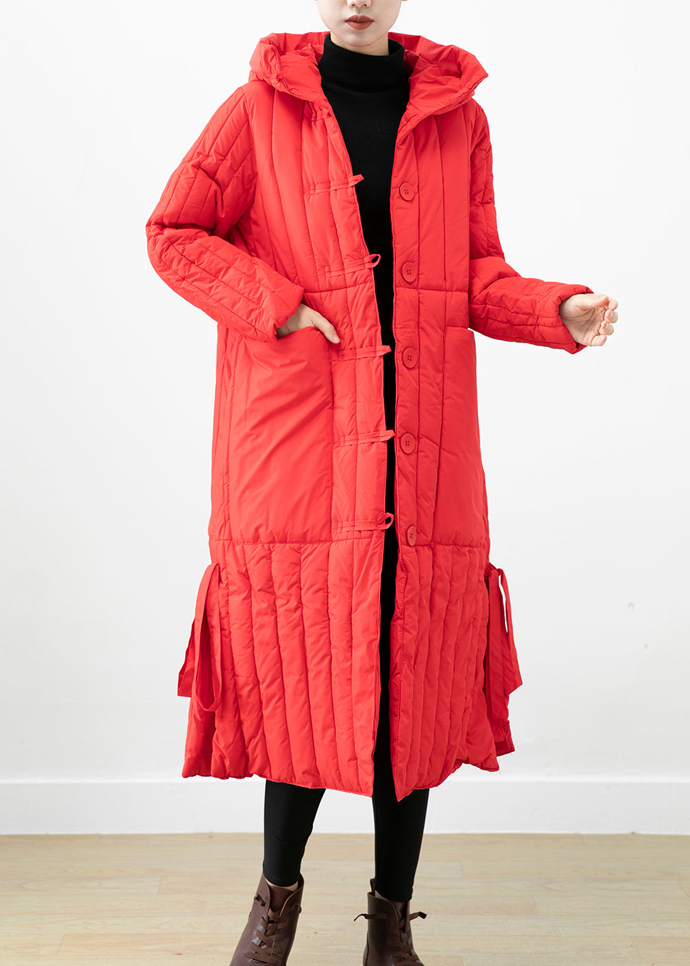 Red Hooded Pockets Fine Cotton Filled Puffer Jacket Winter