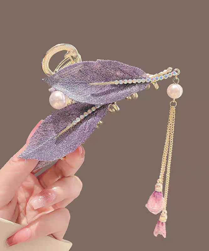 Purple Alloy Zircon Pearl Leaf Tassel Hairpin