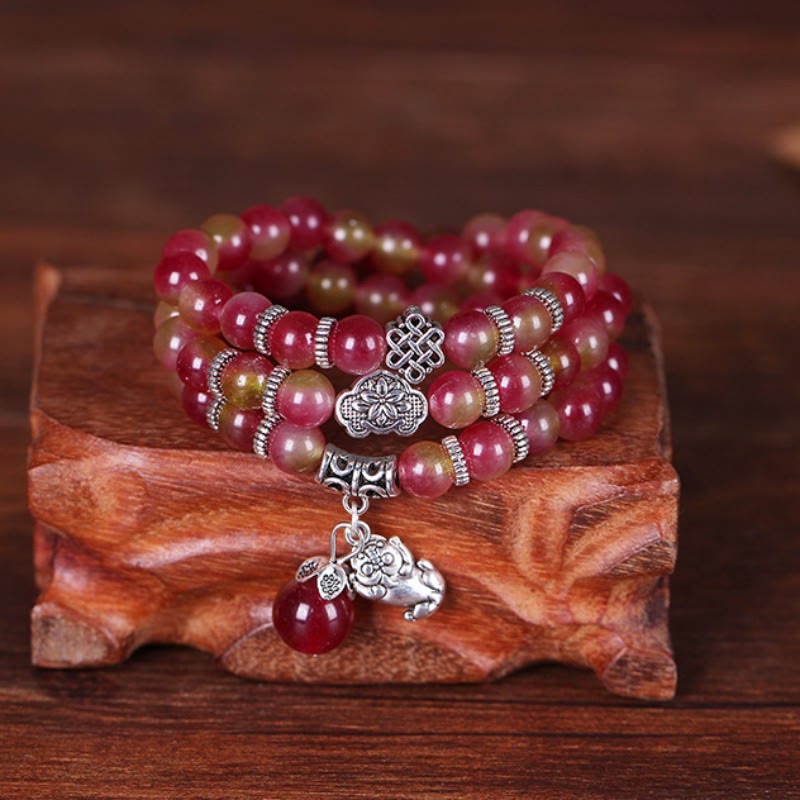 Buddha Stones Natural Watermelon Tourmaline Pixiu Elephant Positive Triple Wrap Bracelet