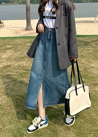 Denim Blue High Waist Side Open Cotton a Line Skirt Summer