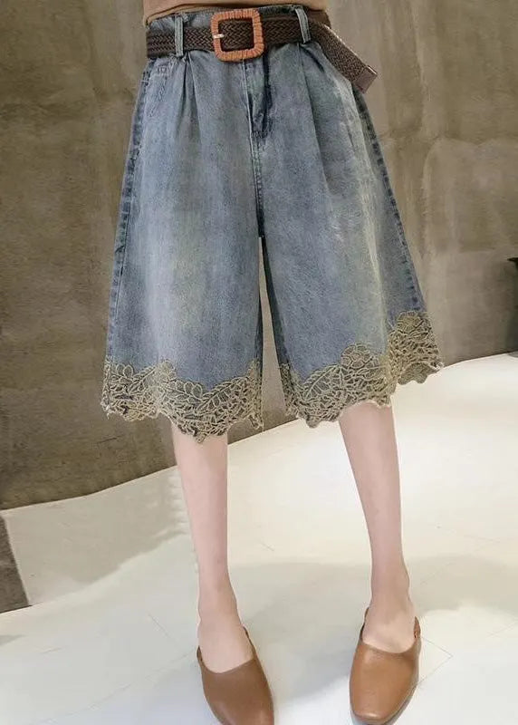 Blue High Waist Lace Patchwork Denim Shorts Summer