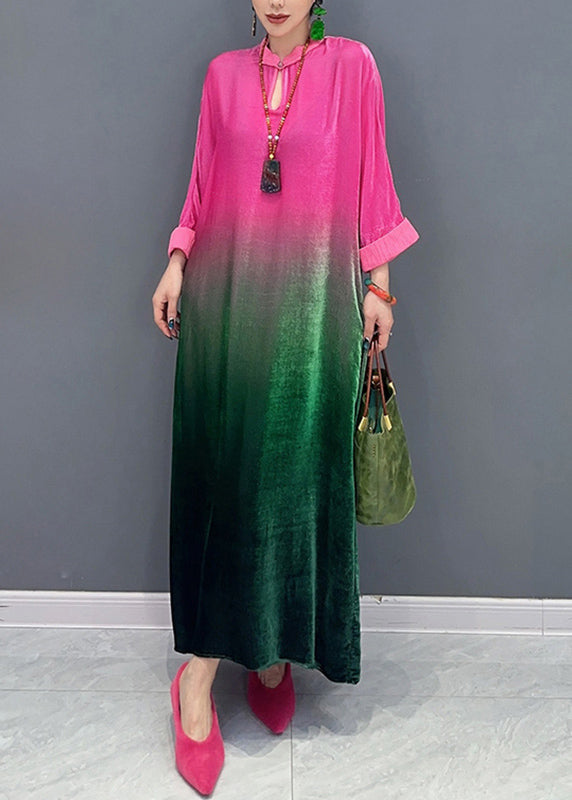 Gradient Color Stand Collar Silk Velour Maxi Dresses Fall