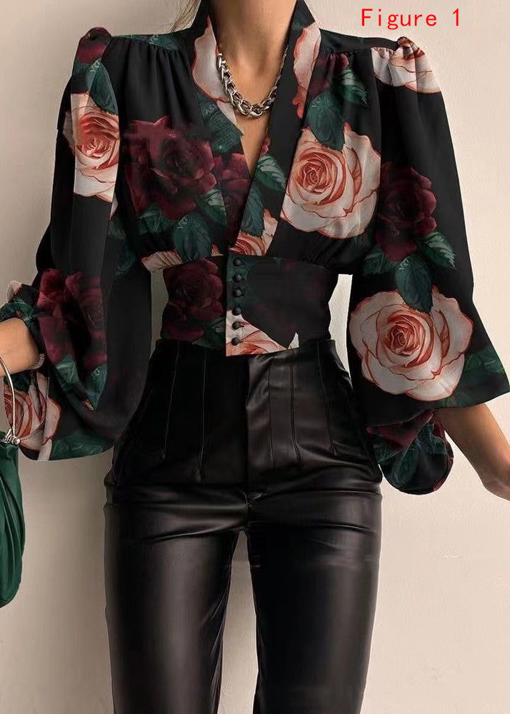 New European and American Spring V-neck Lantern Sleeve Shirt Top