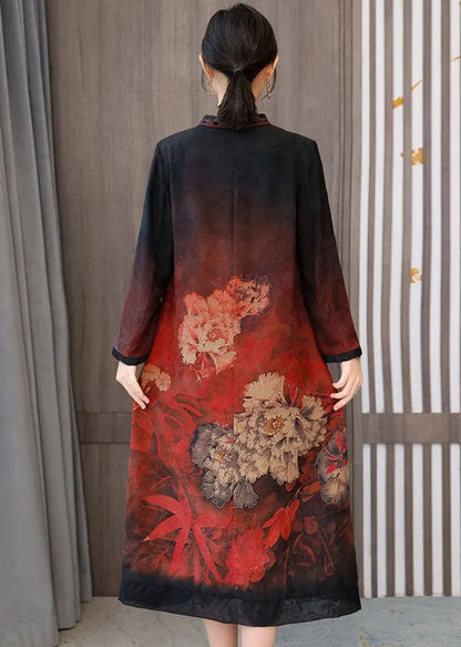 Red Zip Up Print Silk a Line Dresses Fall