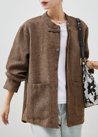 Brown Chinese Button Pockets Cotton Coats Spring