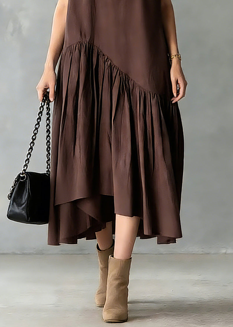 Coffee O-neck Wrinkled Patchwork Long Dresses Short Sleeve