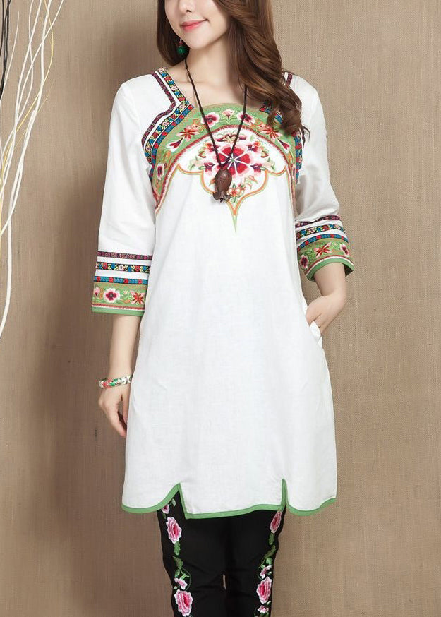 White Embroideried Pockets Patchwork Linen Top Bracelet Sleeve