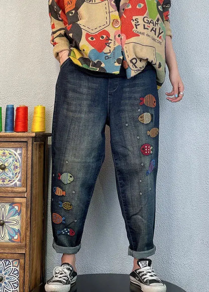 Loose Blue Embroideried Denim Spring Harem Pants