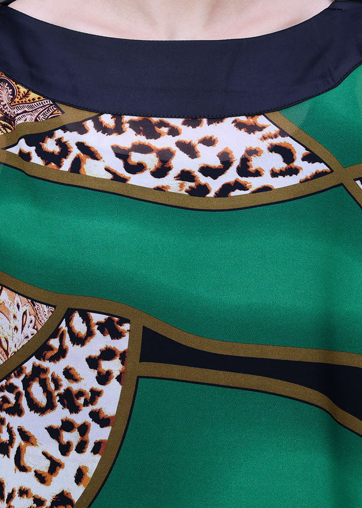 Green Asymmetrical Design Leopard Print Silk Shawl Tops Short Sleeve