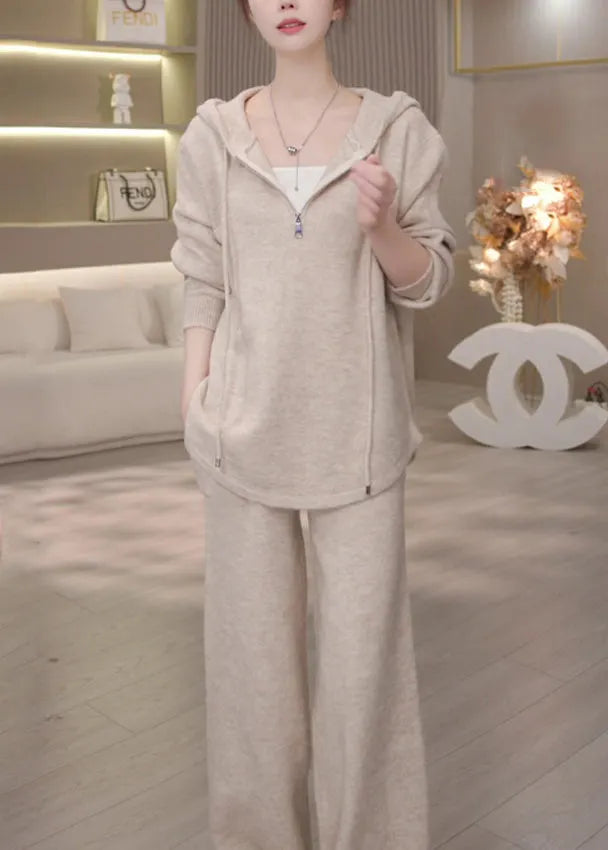 Apricot Hooded Tops and Pants Cotton Two Piece Set Winter