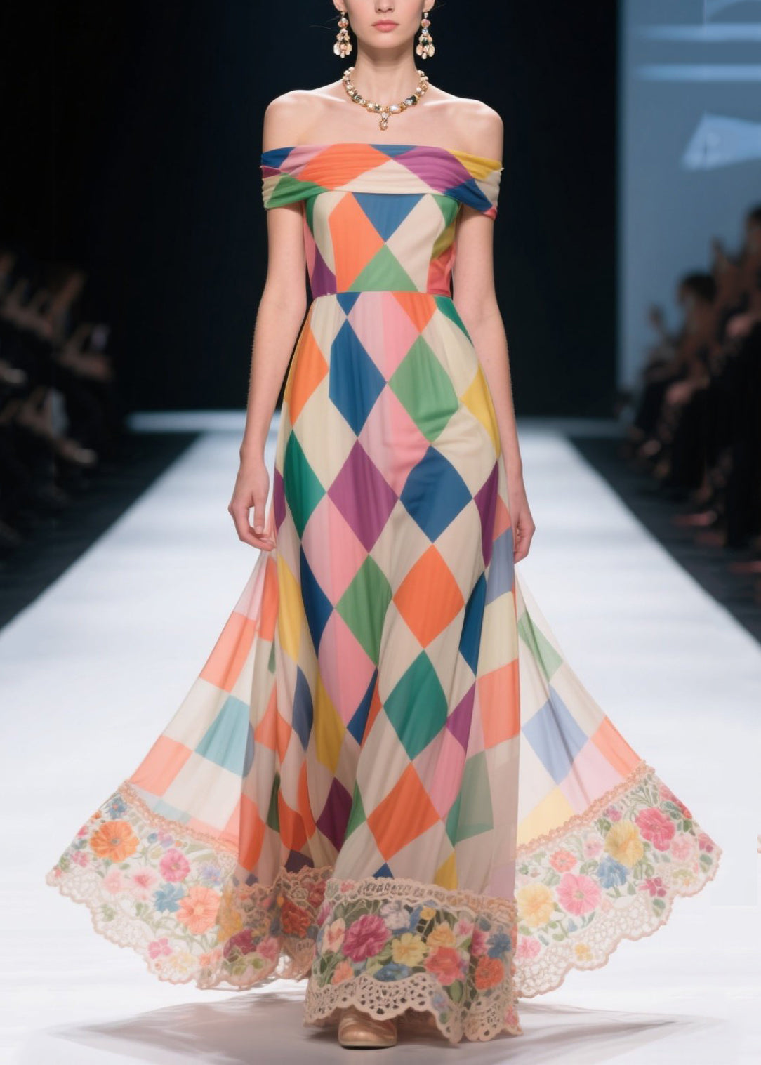Multicolour Plaid Patchwork Lace Chiffon Strapless Dresses Summer