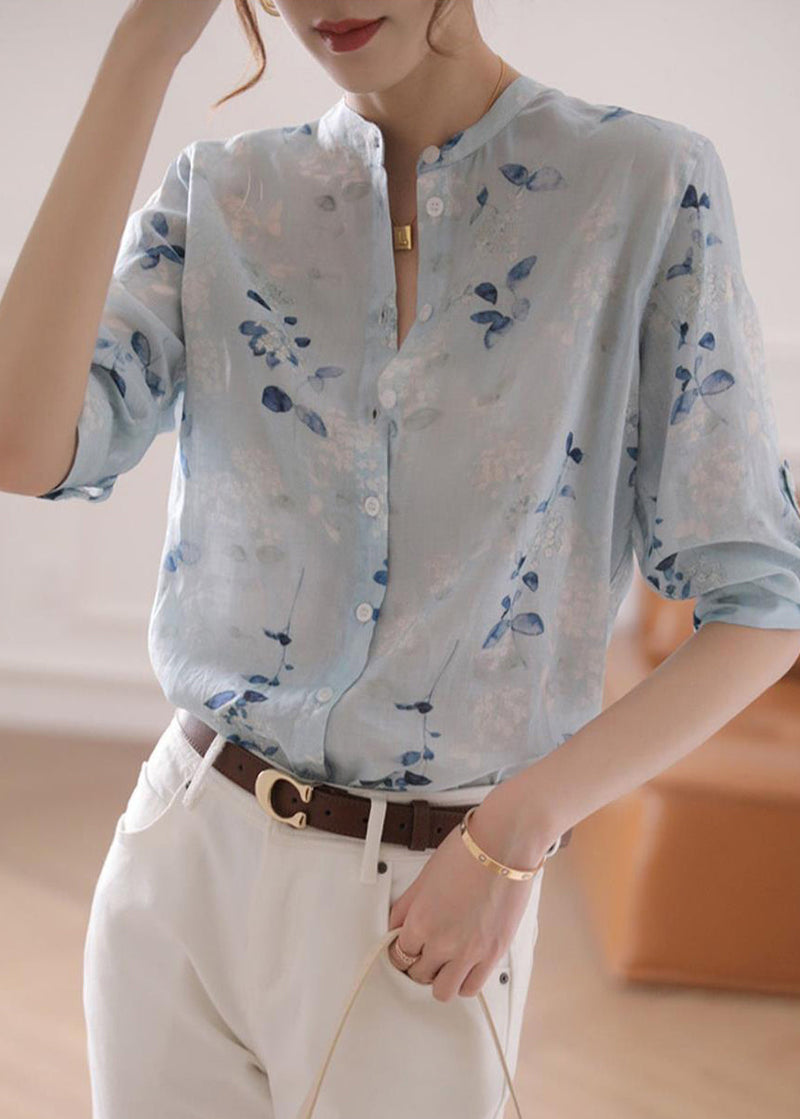 Light Blue Print Linen Top Bracelet Sleeve