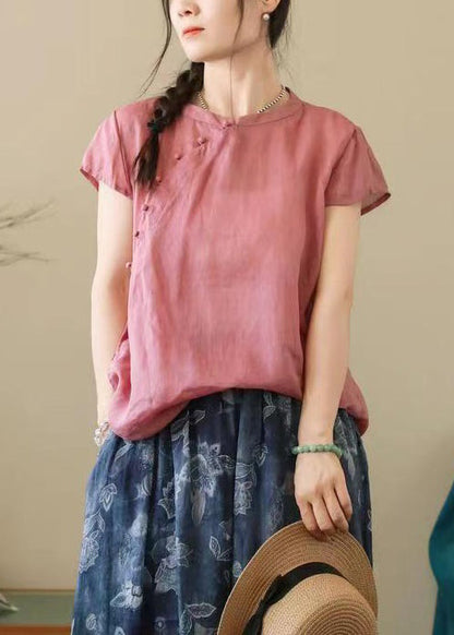 Simple Pink O-neck Button Cotton Shirt Summer