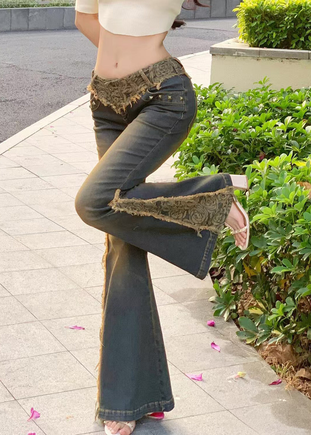 Low Waist Patchwork Lace Denim Flared Trousers Spring
