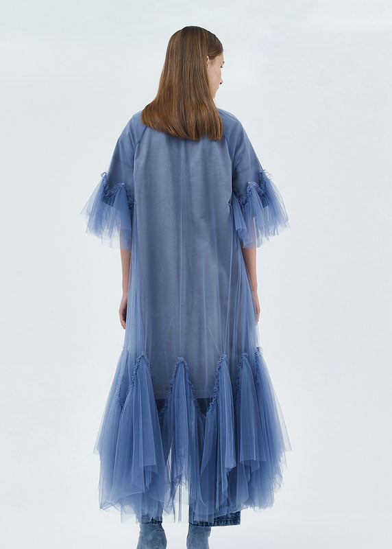 Blue O-neck Patchwork Tulle Maxi Dresses Half Sleeve Summer