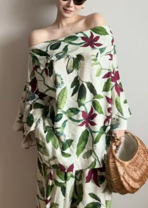 Green Slash Neck Print Cotton Two Pieces Set Flare Sleeve