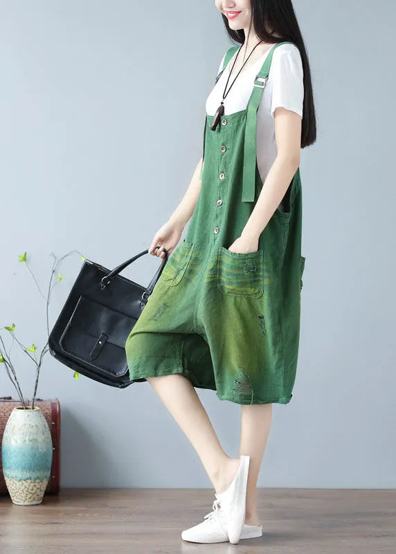 Green Oversized Cotton Ripped Jumpsuits Shorts Summer