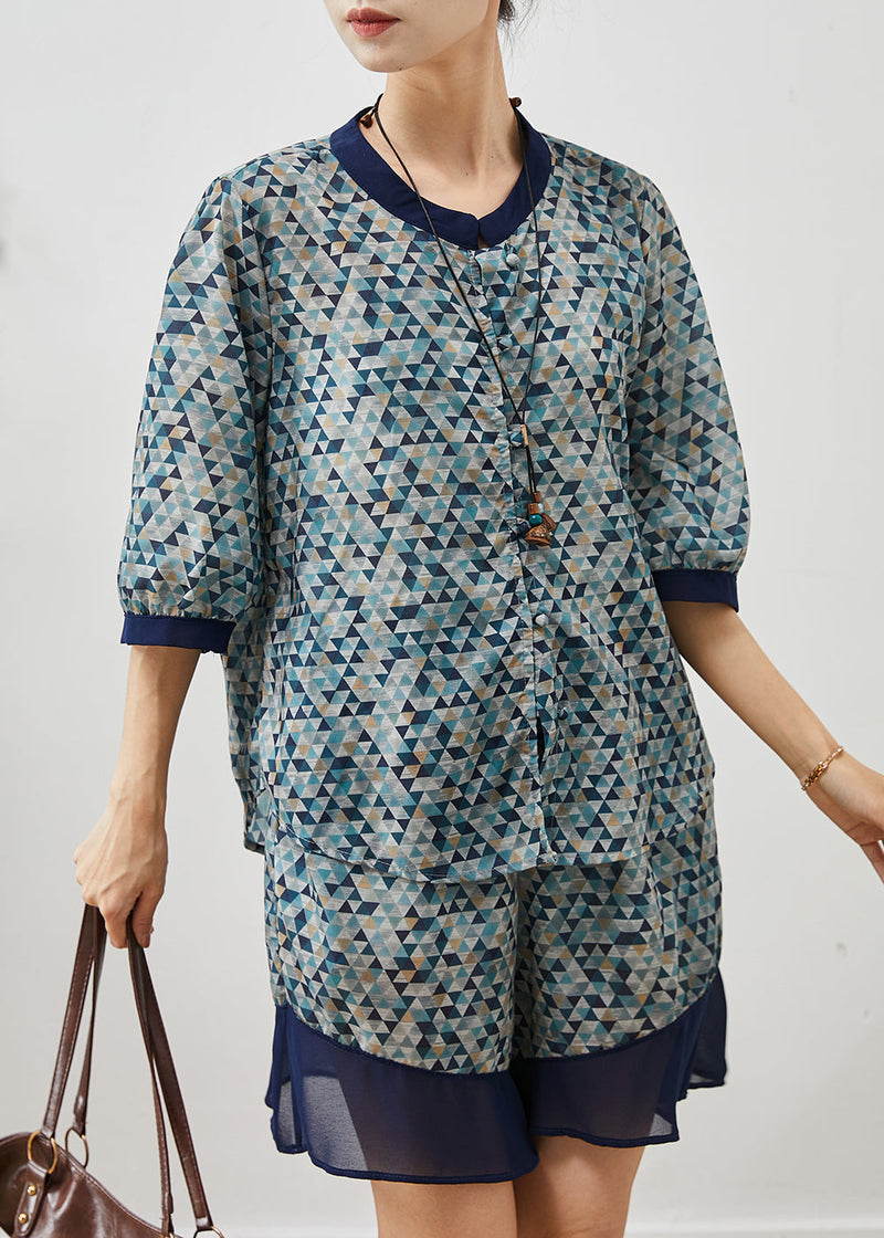 Unique Blue Print Patchwork Linen Sets 2 Pieces Summer
