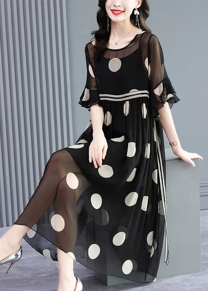 French Black O-neck Dot Print Silk Dress Two Pieces Set Flare Sleeve