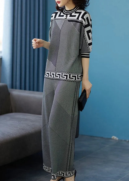 Italian Grey Tops and Pants Striped Knit Two-piece Set Spring