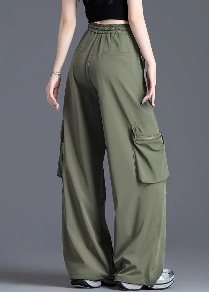 French Army Green Elastic Waist Pockets Nylon Pants Spring