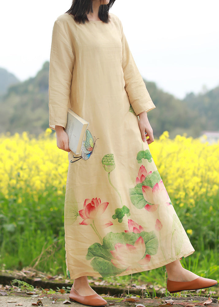 Brief Beige O-neck Butterfly Print Linen Dresses Long Sleeve
