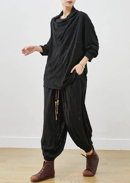 Black Loose Cotton Ripped Two-piece Set Turtle Neck Spring