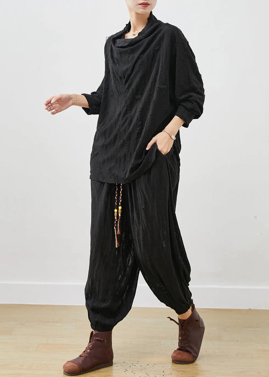 Black Loose Cotton Ripped Two-piece Set Turtle Neck Spring