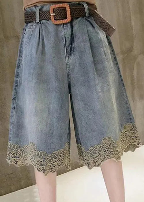 Blue Pockets Lace Patchwork Denim Shorts Summer
