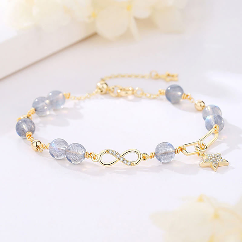 Buddha Stones 14k Gold Plated Natural Strawberry Quartz Moonstone Möbius Loop Eternal Love Star Positive Bracelet